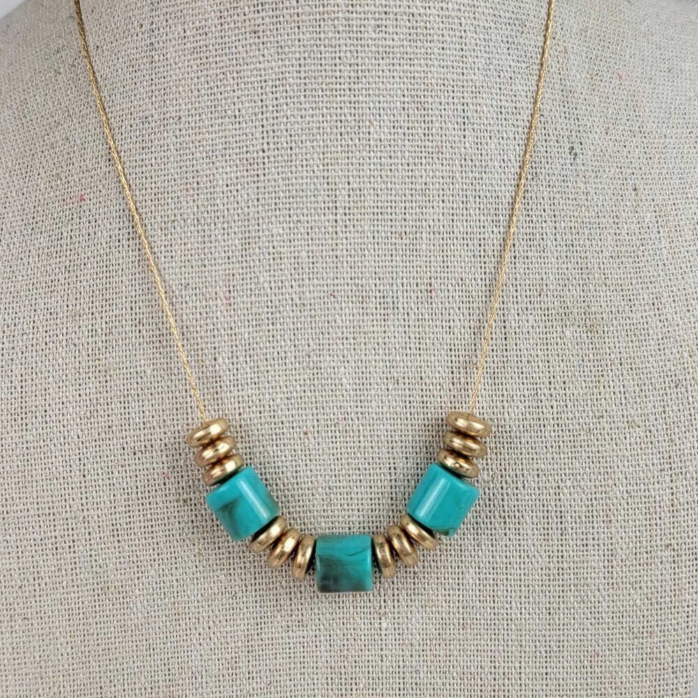 Plunder Gold-Tone Turquoise Charm Bead Necklace 18 Inch Lobster Clasp